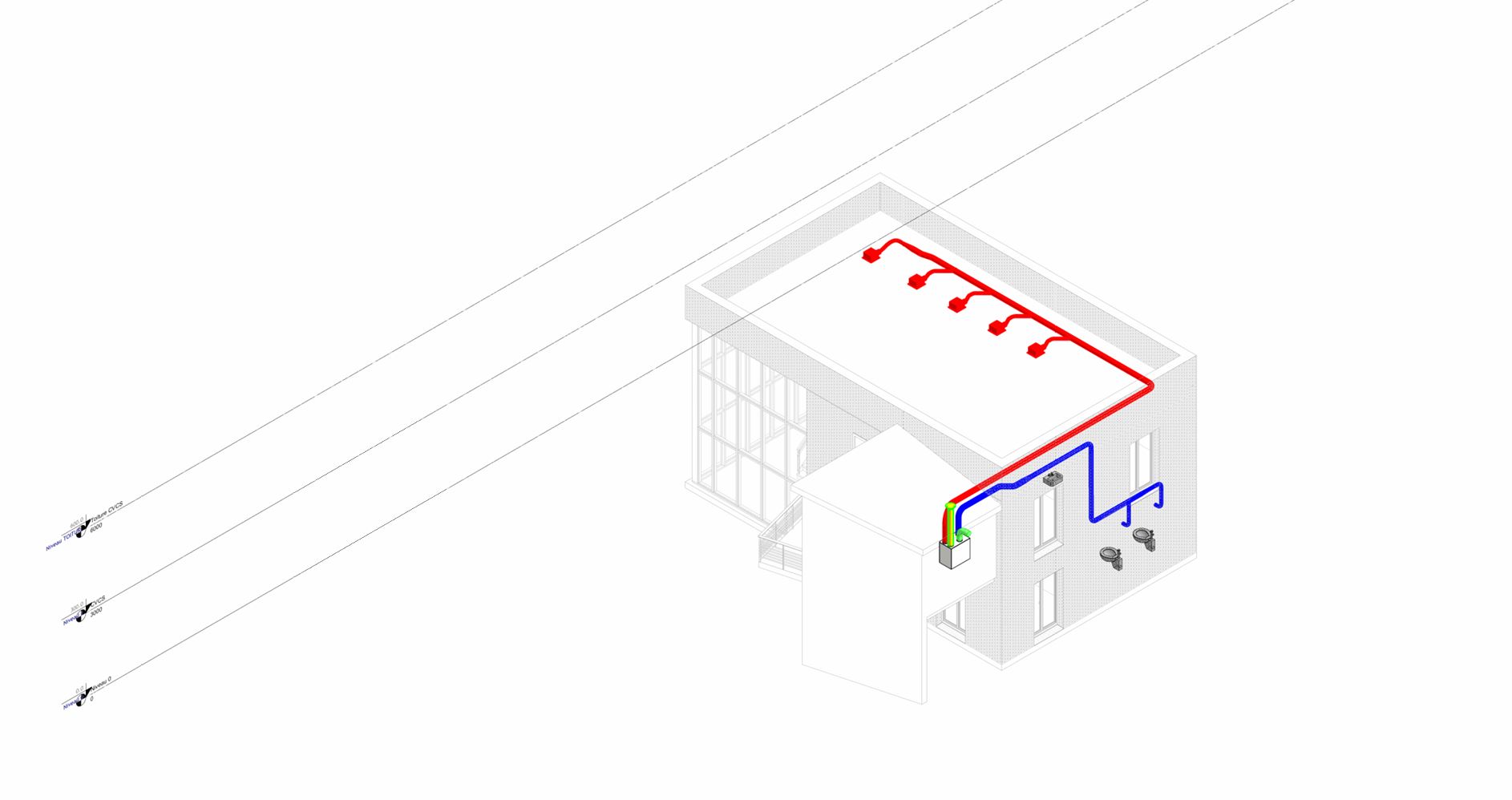 Schéma isométrique du réseau hydraulique de villa - alimentation et évacuations